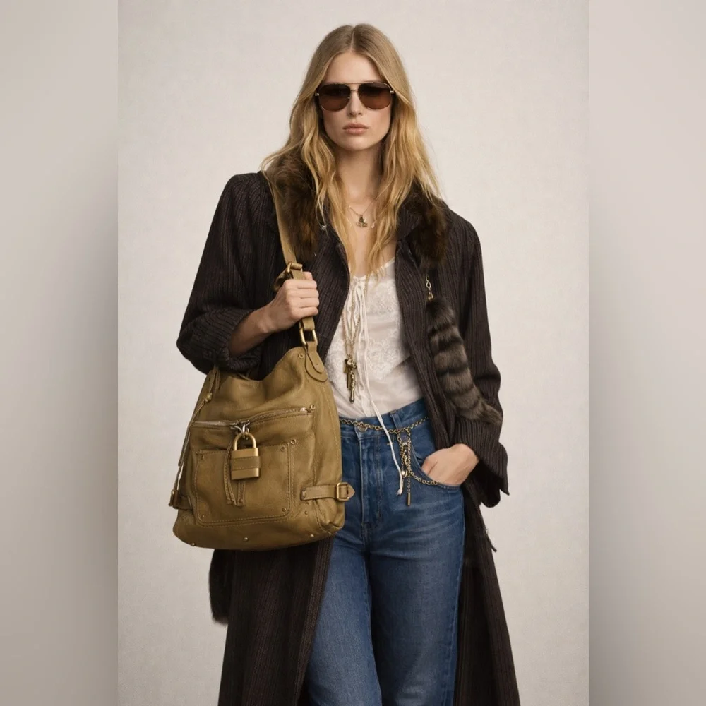 Chloé Paddington Hobo Tan Grained Leather Padlock Shoulder Bag Vintage Y2K